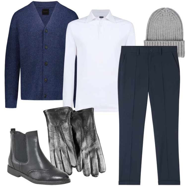 Outfit uomo - Elegante con il berretto. Stile Business/Elegante per Ufficio. Abbinamento con pantaloni chino, stivali e stivaletti, polo, cardigans, berretti, guanti.