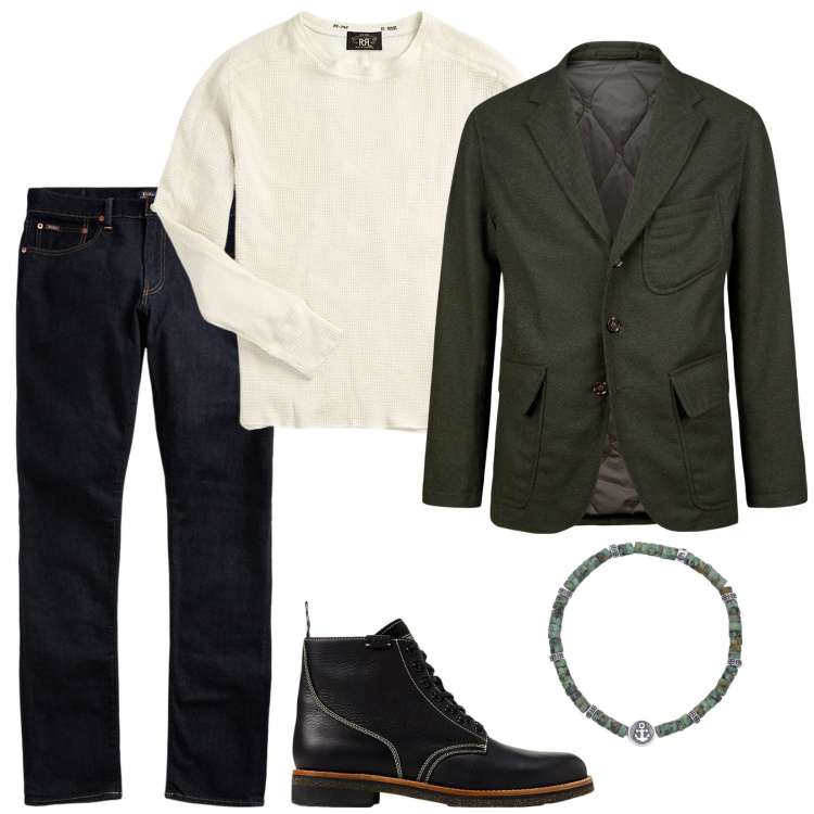 Outfit uomo - Total look #2023985. Stile Trendy per Tutti i giorni. Abbinamento con braccialetti, maglieria, jeans, stivali, giacche.