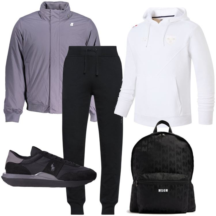 Outfit uomo - Sport all’aperto. Stile Casual per Sport. Abbinamento con pantaloni, felpe con cappuccio, sneakers, borse sportive, giacche.
