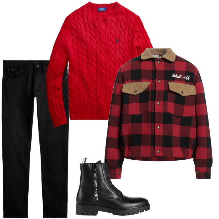 Outfit uomo - Inverno. Stile Casual per Tutti i giorni. Abbinamento con giacche, anfibi, jeans, maglieria.