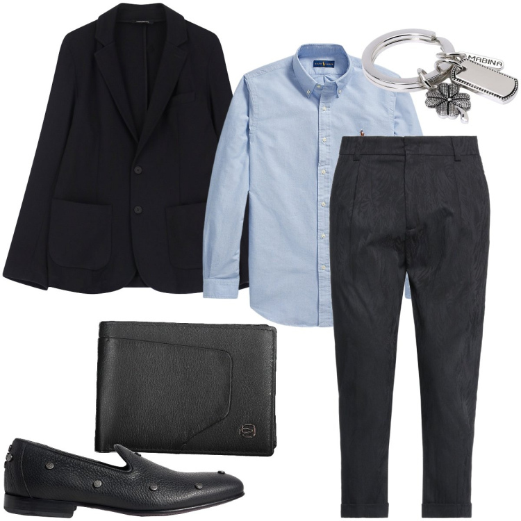 Outfit uomo - Aperitivo venerdì sera. Stile Business/Elegante per Serata speciale. Abbinamento con scarpe stringate, pantaloni, portachiavi, giacche, camicie, portafogli.