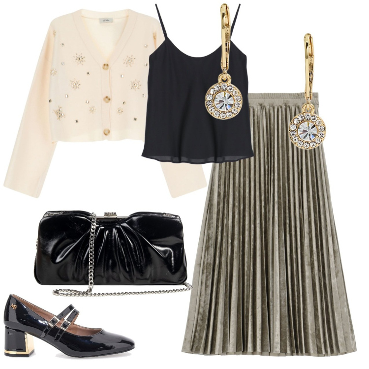 Outfit donna - Gonna plissettata metallizzata. Stile Casual chic per Serata fuori. Abbinamento con pochette, top, gonne longuette, cardigans, orecchini, décolleté.