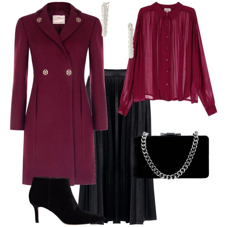 Outfit donna - Total look #2024015. Stile Chic per Serata fuori. Abbinamento con cappotti, gonne longuette, orecchini, clutch, stivaletti, camicie.