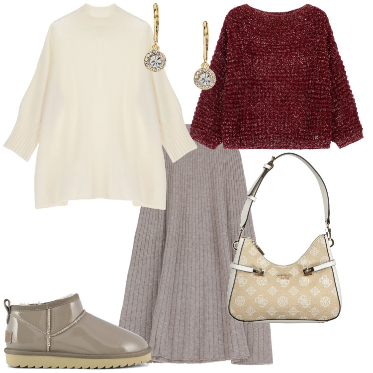 Outfit donna - Confort glamour. Stile Glamour per Serata fuori. Abbinamento con maglieria, gonne longuette, cappe, orecchini, stivali, borse a spalla.