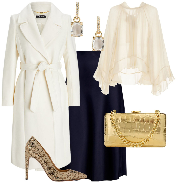 Outfit donna - Total look #2024024. Stile Bon Ton per Serata fuori. Abbinamento con cappotti, orecchini, décolleté, clutch, gonne, camicie.