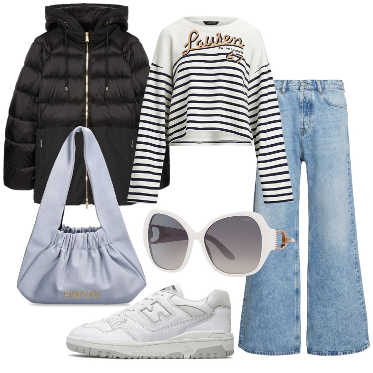 Outfit donna - Casual comodo. Stile 70s per Tutti i giorni. Abbinamento con sneakers, occhiali da sole, felpe, borse a spalla, piumini, jeans.