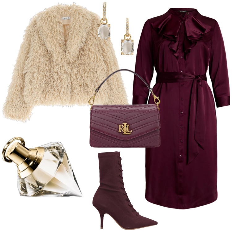 Outfit donna - Eleganza senza tempo. Stile Bon Ton per Serata fuori. Abbinamento con stivaletti, profumi, blazer, orecchini, borse a tracolla, vestiti.