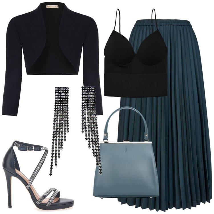 Outfit donna - Gonna plissè verde. Stile Chic per Serata fuori. Abbinamento con top, bolero, orecchini, sandali col tacco, minigonne, clutch.