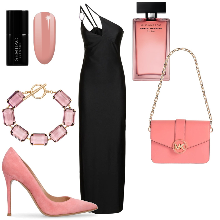 Outfit donna - Noire Rose. Stile Sexy per Serata fuori. Abbinamento con borse a spalla, profumi, smalti, braccialetti, vestiti asimmetrici, décolleté.