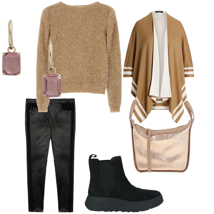 Outfit donna - Luce. per Tutti i giorni. Abbinamento con stivaletti chelsea, borse a mano, maglieria, pantaloni skinny, cappe, orecchini.