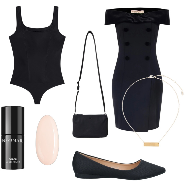 Outfit donna - Tubino nero. Stile Minimal per Tutti i giorni. Abbinamento con ballerine, smalti, vestiti a tubino, body, borse a tracolla, ciondoli.
