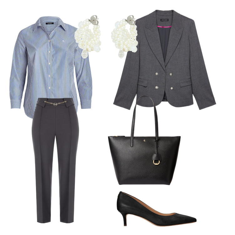 Outfit donna - Un classico per il lavoro. per Ufficio. Abbinamento con orecchini, pantaloni, décolleté, camicie, borse tote, blazer.
