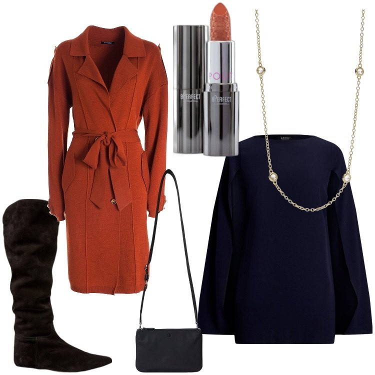 Outfit donna - Vestito e cardigan. Stile Casual chic per Tutti i giorni. Abbinamento con rossetti, collane, cardigans, stivali sopra il ginocchio, vestiti, borse a tracolla.