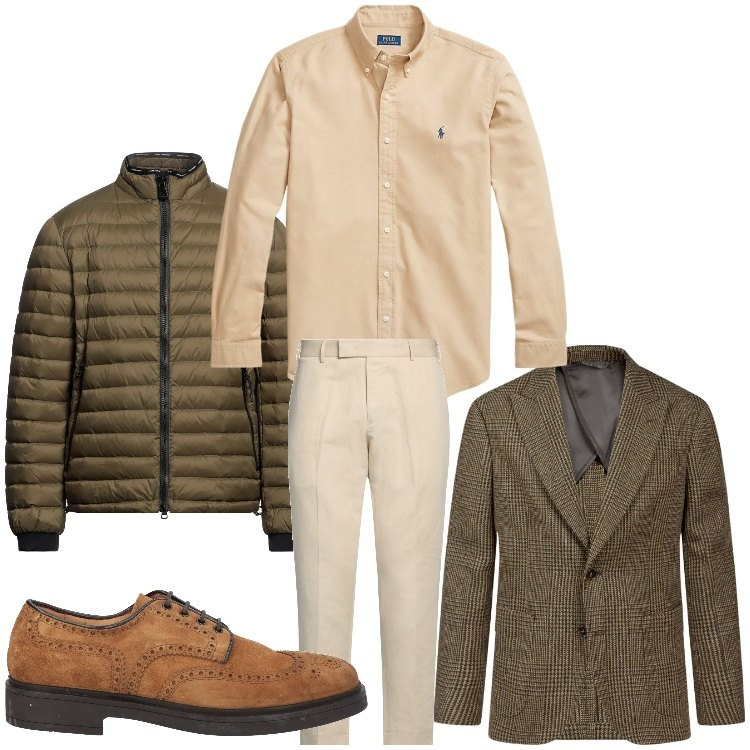 Outfit uomo - Giacca e piumino. Stile Business/Elegante per Ufficio. Abbinamento con scarpe stringate, piumini, pantaloni chino, camicie, giacche.