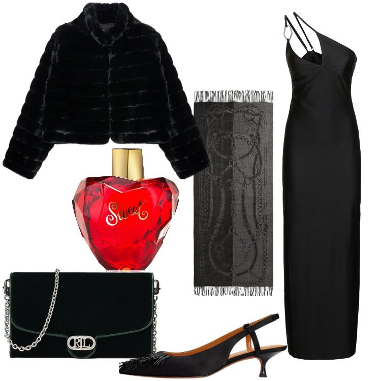 Outfit donna - Sweet Total Black. Stile Chic per Serata fuori. Abbinamento con profumi, borse a tracolla, sandali gioiello, sciarpe, vestiti asimmetrici, blazer.