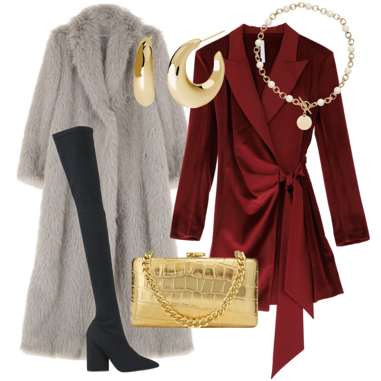 Outfit donna - Capodanno 25. Stile Chic per Serata fuori. Abbinamento con stivali sopra il ginocchio, orecchini, ecopellicce, vestiti corti, collane, clutch.
