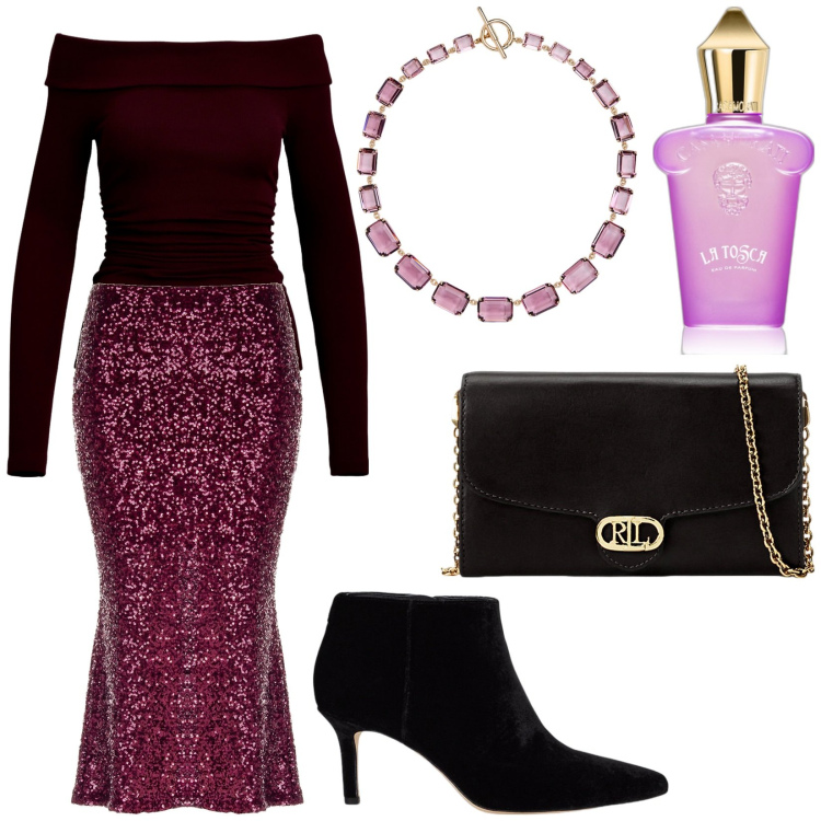 Outfit donna - Total look #2024137. Stile Glamour per Cerimonia. Abbinamento con profumi, gonne longuette, borse a tracolla, collane, maglieria, stivaletti.