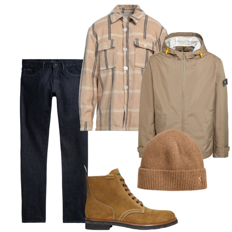 Outfit uomo - Nut. Stile Casual per Tutti i giorni. Abbinamento con camicie, giacche, berretti, jeans, stivali.