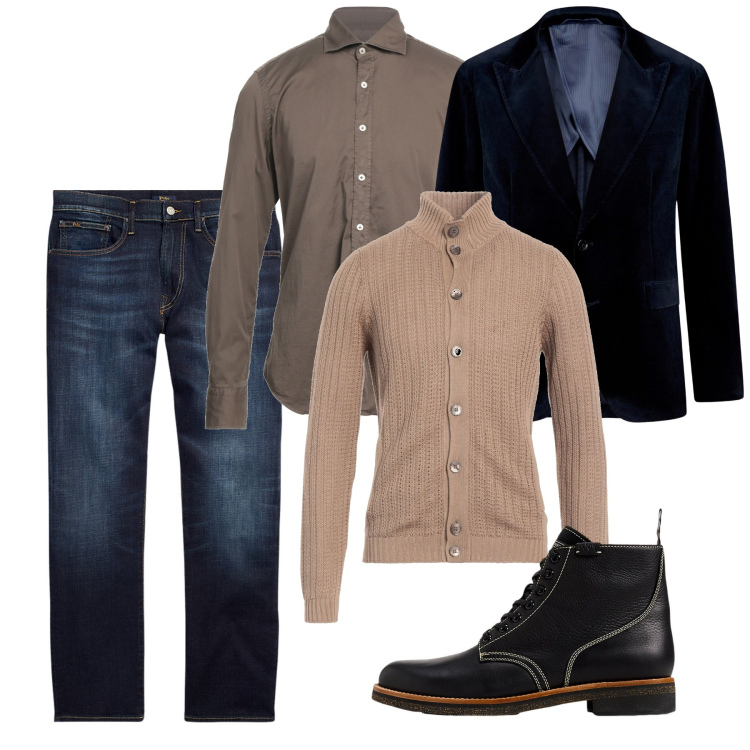 Outfit uomo - Cardigan e giacca. Stile Casual per Serata speciale. Abbinamento con cardigans, camicie, jeans dritti, stivali, giacche.