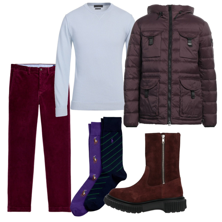 Outfit uomo - Wine e cielo. Stile Casual per Tutti i giorni. Abbinamento con stivali, piumini, pullovers, pantaloni, calzini.