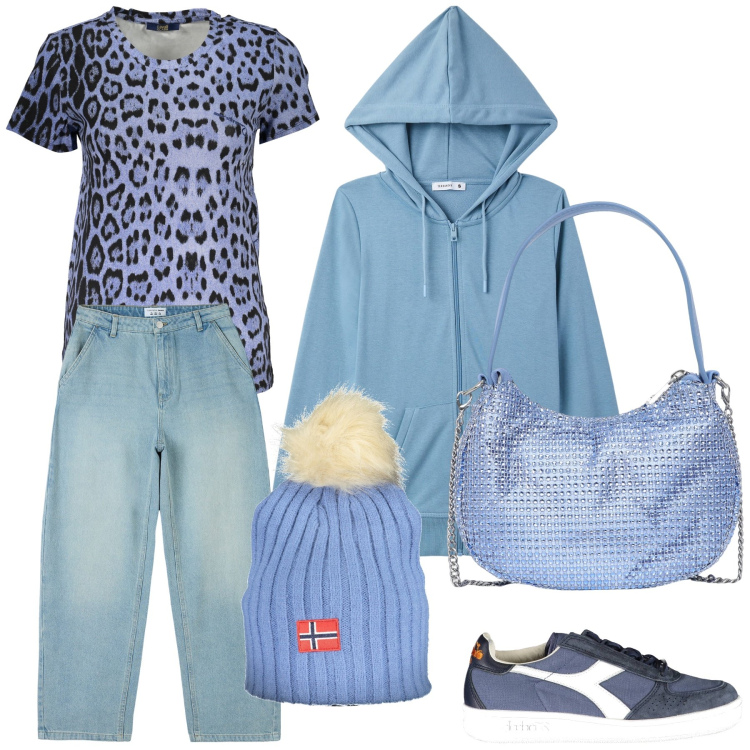 Outfit donna - Il mio tempo libero. Stile Casual per Tutti i giorni. Abbinamento con jeans, borse a spalla, felpe con cappuccio, t-shirt, berretti, sneakers.