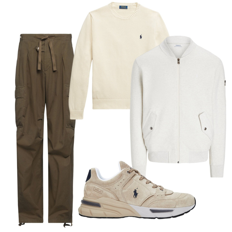 Outfit uomo - Dinamico. Stile Trendy per Tutti i giorni. Abbinamento con pantaloni cargo, maglieria, bomber, sneakers.