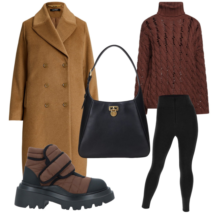 Outfit donna - Passeggiata nel parco. Stile Basic per Tutti i giorni. Abbinamento con maglieria, stivaletti, pantaloni skinny, borse a spalla, cappotti.