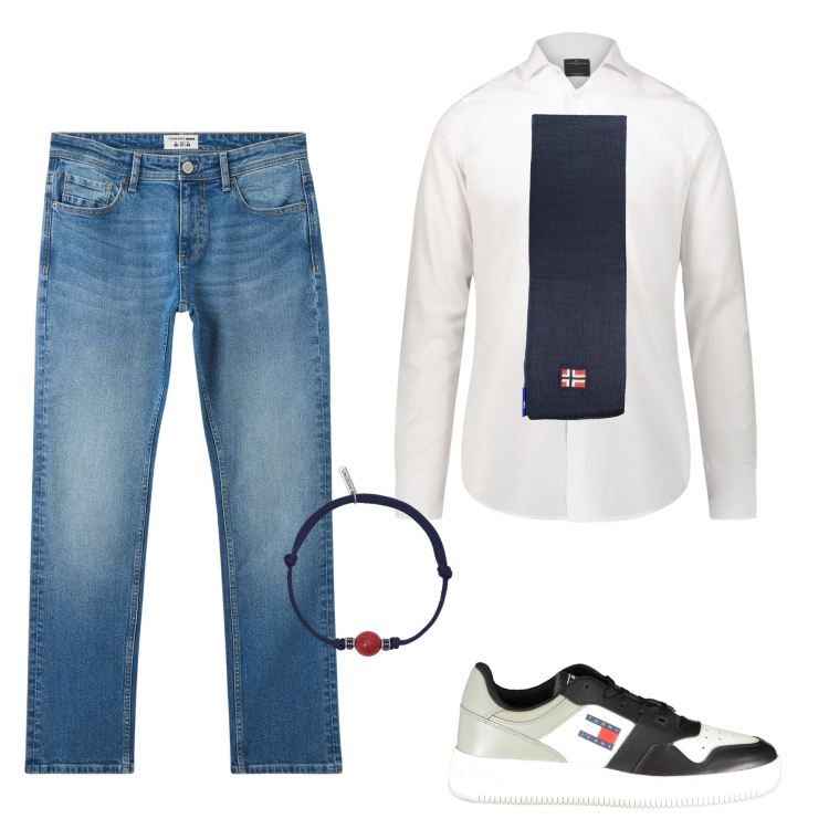 Outfit uomo - I jeans con la camicia bianca. Stile Trendy per Tutti i giorni. Abbinamento con jeans, braccialetti, camicie, sciarpe, sneakers.
