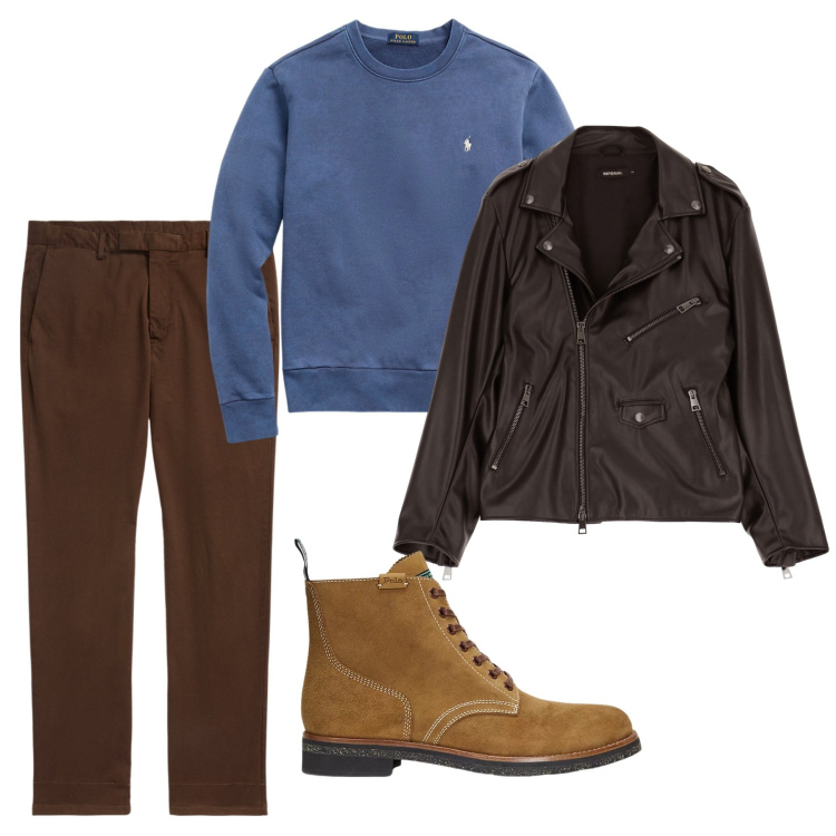 Outfit uomo - Il chiodo moka. Stile Casual per Tutti i giorni. Abbinamento con giacche, felpe, pantaloni, stivali.