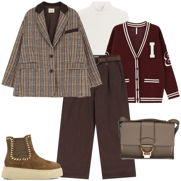 Outfit donna - Vintage collage style. Stile Vintage retrò per Tutti i giorni. Abbinamento con cardigans, body, pantaloni chino, blazer, borse a tracolla, stivaletti.