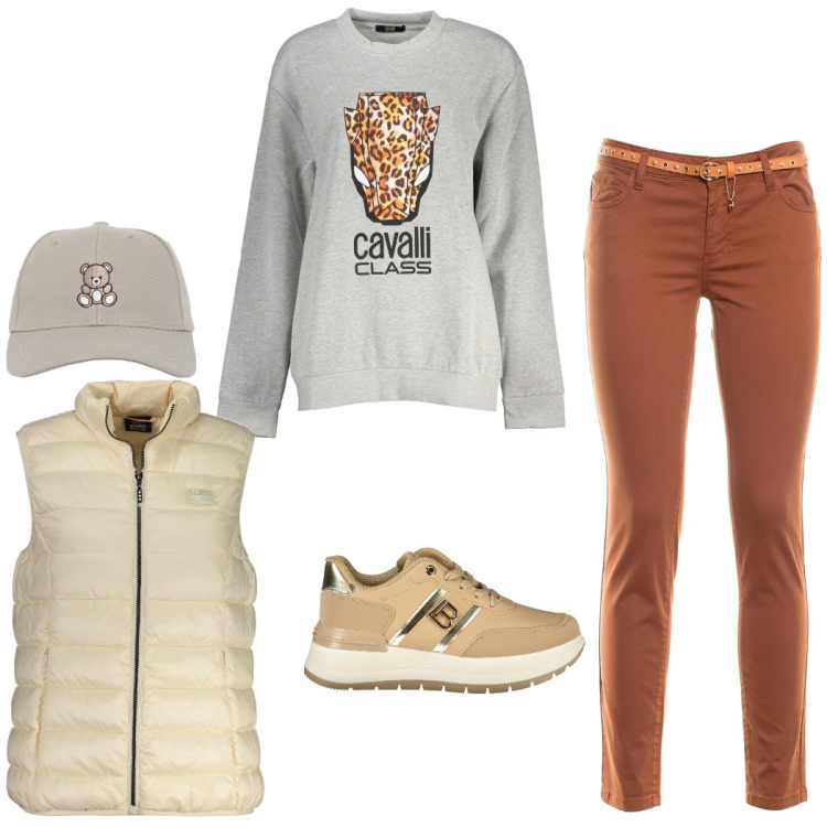 Outfit donna - Tempo libero. Stile Casual per Tutti i giorni. Abbinamento con cappelli con visiera, pantaloni, felpe, blazer, sneakers.