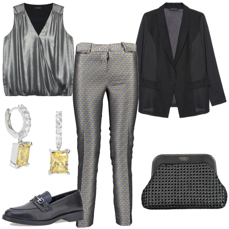 Outfit donna - Dettagli luminosi. Stile Casual chic per Serata fuori. Abbinamento con orecchini, mocassini, pantaloni, top, borse a mano, blazer.