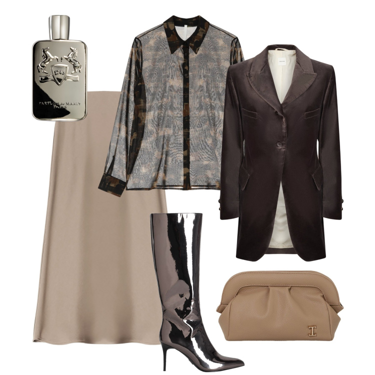 Outfit donna - Stivali in primo piano !. Stile Chic per Serata fuori. Abbinamento con stivali, profumi, gonne longuette, camicie, borse a mano, blazer.