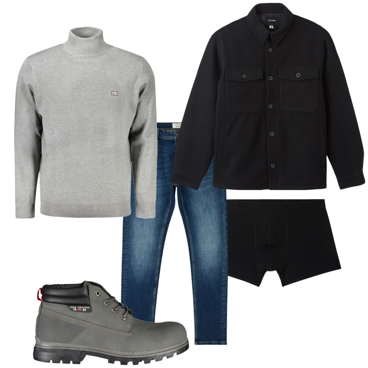 Outfit uomo - Total look #2024233. Stile Casual per Tutti i giorni. Abbinamento con jeans skinny, cappotti, boxer, maglieria, stivali.