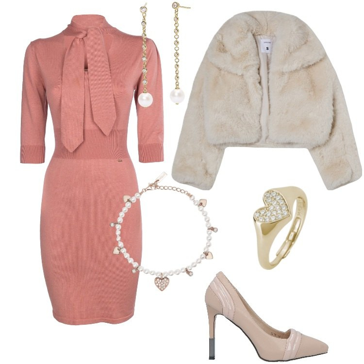 Outfit donna - L\'abito in maglia per le feste. Stile Chic per Cerimonia. Abbinamento con décolleté, blazer, braccialetti, orecchini, anelli, vestiti.