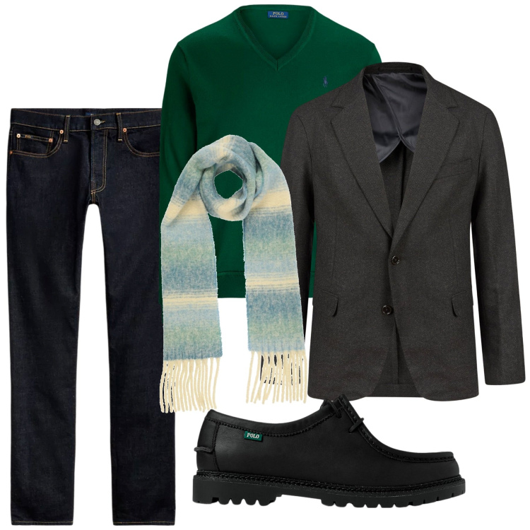 Outfit uomo - In piena libertà. Stile Casual per Tutti i giorni. Abbinamento con sciarpe, jeans, scarpe stringate, maglieria, giacche.