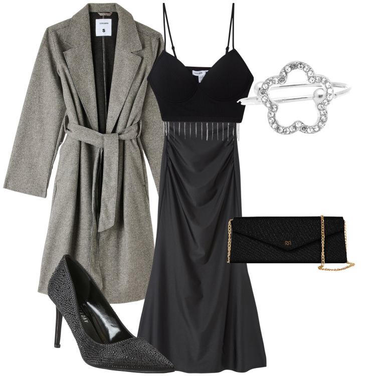 Outfit donna - Per il Cenone. Stile Glamour per Serata fuori. Abbinamento con gonne lunghe, cappotti, décolleté, top, pochette, anelli.