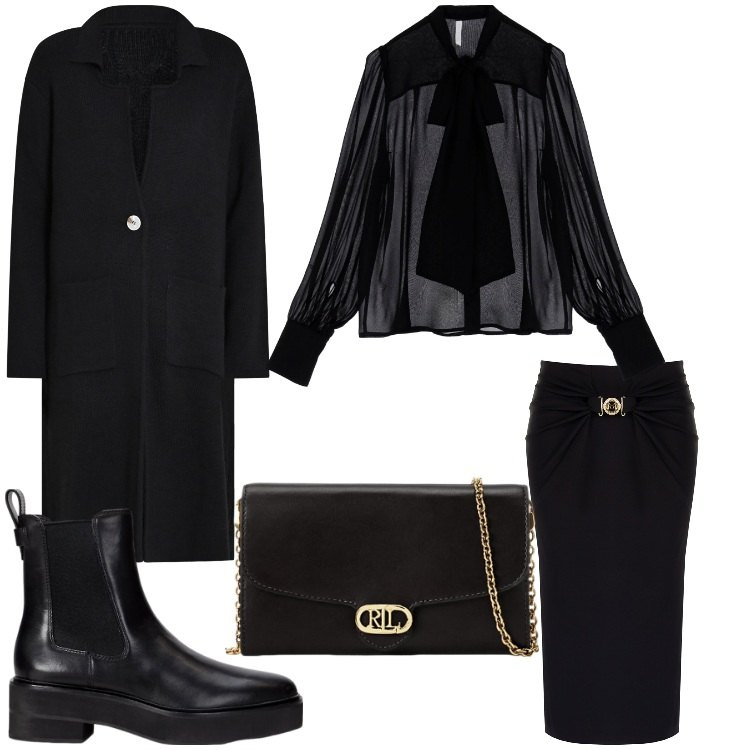 Outfit donna - Strati e leggerezze. Stile Casual chic per Ufficio. Abbinamento con cardigans, gonne longuette, camicie, borse a tracolla, stivaletti chelsea.