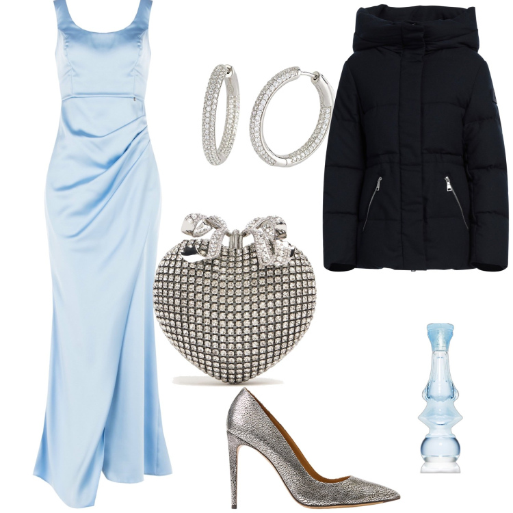 Outfit donna - So glam. Stile Chic per Serata fuori. Abbinamento con piumini, profumi, orecchini, vestiti lunghi, décolleté, pochette.