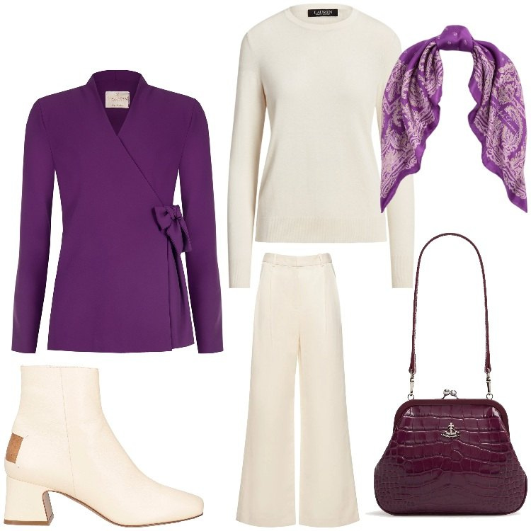 Outfit donna - Bianco e viola. Stile Chic per Ufficio. Abbinamento con stivaletti, blazer, maglieria, foulard, pantaloni, pochette.