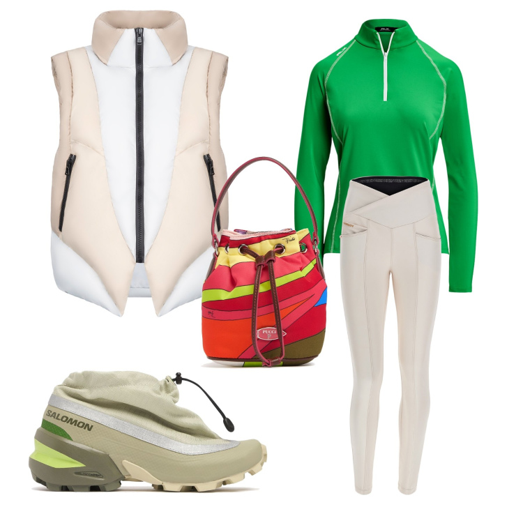 Outfit donna - In montagna. Stile Sporty chic per Tutti i giorni. Abbinamento con pantaloni skinny, pullovers, piumini, borse a secchiello, sneakers.