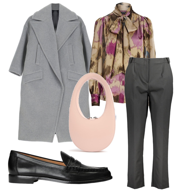 Outfit donna - Rosa romantico. Stile Casual chic per Tutti i giorni. Abbinamento con cappotti, mocassini, camicie, borse a mano, pantaloni.