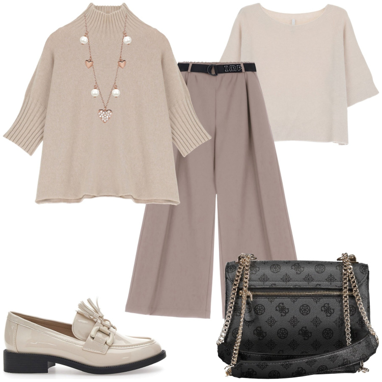Outfit donna - Layering sofisticato. Stile Bon Ton per Tutti i giorni. Abbinamento con collane, maglieria, pantaloni, maglieria, mocassini, borse a spalla.