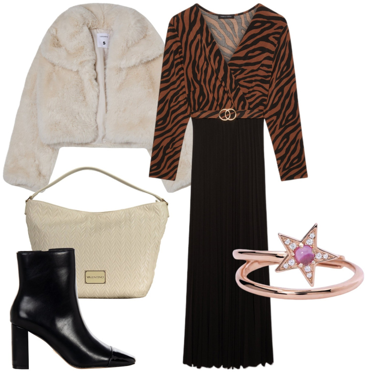 Outfit donna - Zebrato e plissé. Stile Sexy per Serata fuori. Abbinamento con blazer, anelli, stivaletti, vestiti lunghi, pochette.