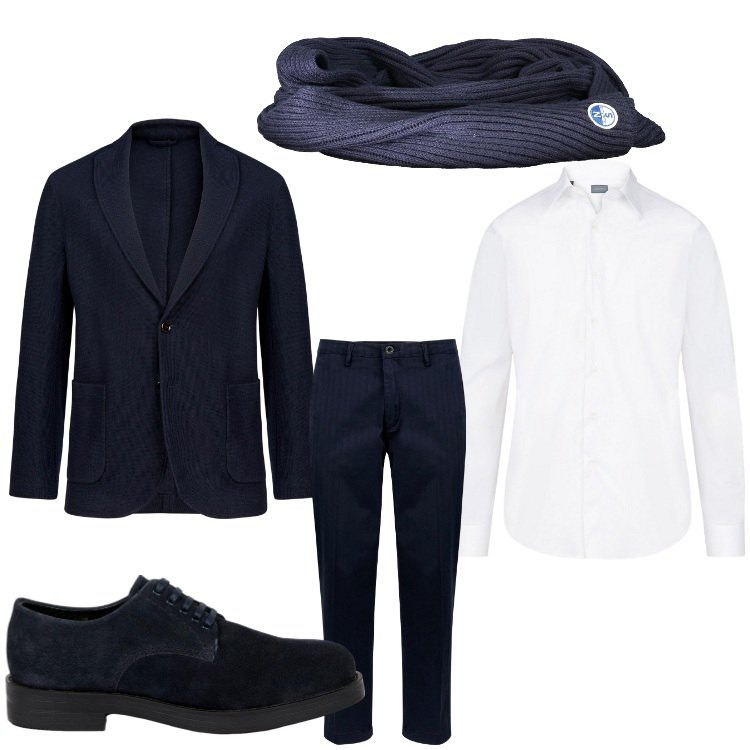 Outfit uomo - Eleganza in bianco e blu. Stile Business/Elegante per Serata speciale. Abbinamento con pantaloni, camicie, scarpe stringate, giacche, sciarpe.