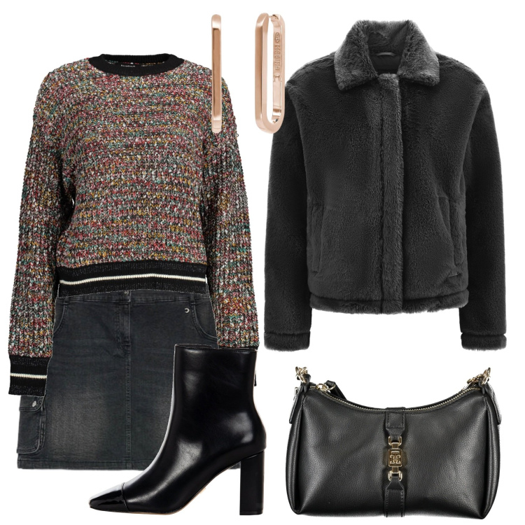Outfit donna - Voglia di coccolarmi. Stile Chic per Tutti i giorni. Abbinamento con orecchini, stivaletti, cappotti, maglieria, borse a tracolla, gonne.