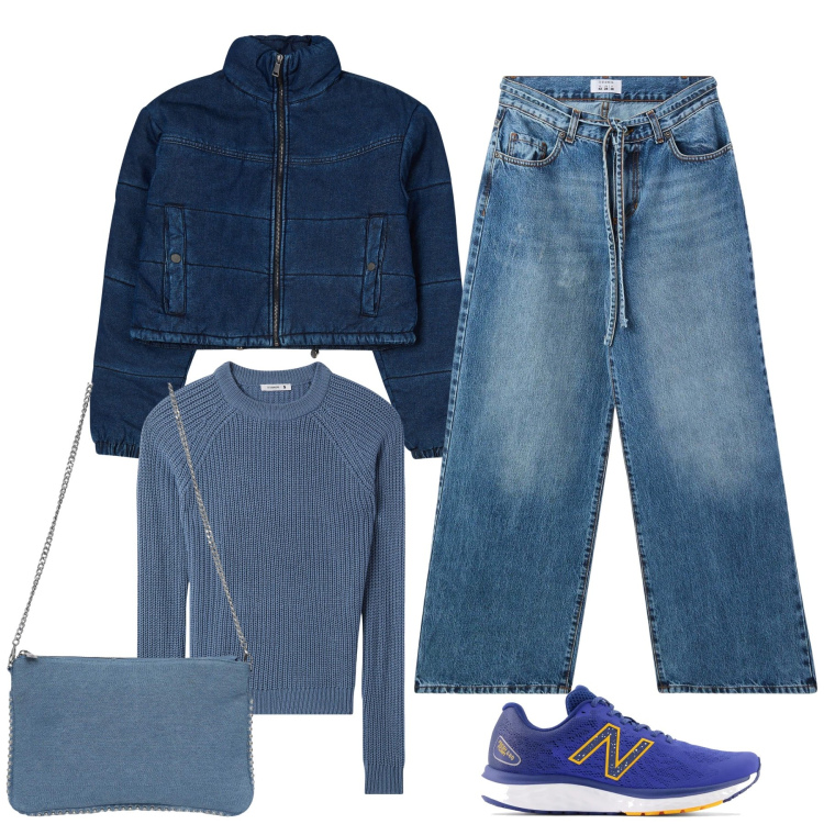 Outfit donna - Passeggiata con l ultimo sole. Stile Casual per Tutti i giorni. Abbinamento con blazer, jeans, maglieria, borse a tracolla, sneakers.