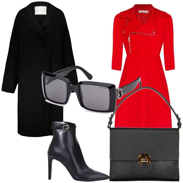 Outfit donna - Pomeriggio in centro. Stile Glamour per Tutti i giorni. Abbinamento con vestiti a tubino, stivaletti, cappotti, occhiali da sole, borse a spalla.