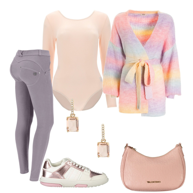 Outfit donna - Confy. Stile Casual chic per Tutti i giorni. Abbinamento con cardigans, body, pantaloni skinny, orecchini, borse a spalla, sneakers.
