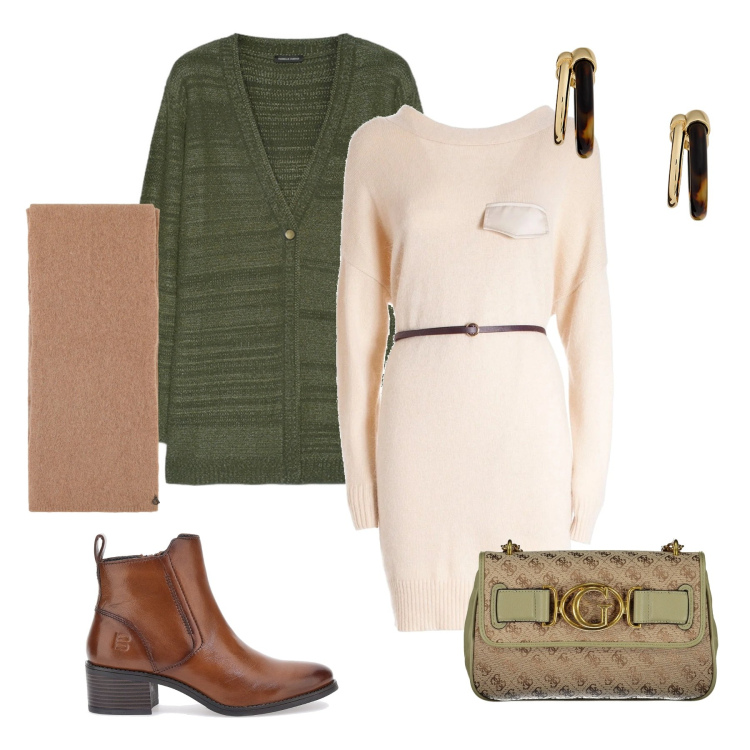 Outfit donna - Pomeriggio in città. Stile Casual chic per Tutti i giorni. Abbinamento con stole, vestiti midi/longuette, orecchini, stivaletti, borse a tracolla, cardigans.